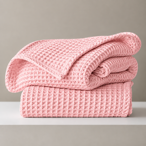 Pink Waffle Knit Throw <b>Blanket</b> Cotton Linen Air Permeable All Season Bedding - Product Image 1