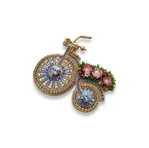 Cycle mignon Broche Bleue et dorée avec cristal et perle Broderie à la main et fil de fer perlé Broche de mode - Product Image 1