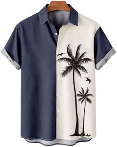 Camisa de Manga Corta con Estampado de Palmeras en Azul Marino y Beige, Estilo Casual para Playa, Verano, para Hombre, Fabricante OEM, Suministro Personalizado - Product Image 1