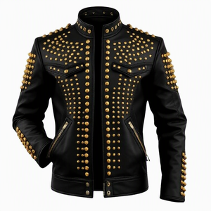Blouson de moto en cuir gris pour homme, col montant, fermeture éclair, décoration rivets, coupe classique, style motard - Product Image 4