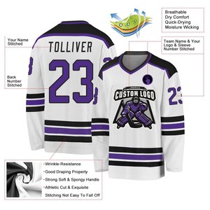 Custom Ice Hockey Jersey Sublimated Team Uniform White Purple Black Long Sleeve Hockey Shirt With Personalized Logo & Number - Product Image 3
