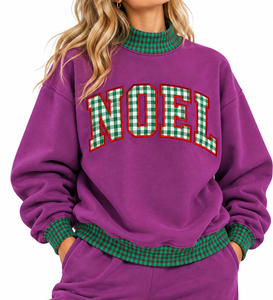 <b>Women's</b> Purple <b>Christmas</b> <b>Sweatshirt</b> Green Plaid Noel Applique Drop Shoulder Crew Neck Pullover - Product Image 5