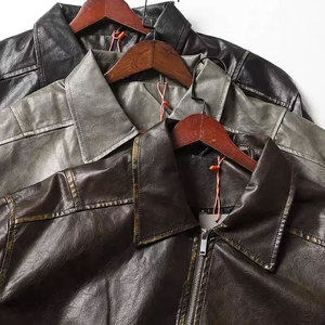 Leather <b>Jacket</b> with Solid Color Stand <b>Collar</b> and Front Logo-Finished Processing - Product Image 2