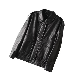 <b>Men</b> Genuine Leather Denim <b>Jacket</b> Turn-down Collar Epaulet Single Button Moto Biker Style Winter Solid Color <b>Short</b> Regular Fit - Product Image 2