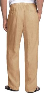 Men's Khaki Cotton Drawstring Casual Pants Straight Fit <b>Elastic</b> Waist Lightweight Summer Wear Side Pockets - Product Image 3