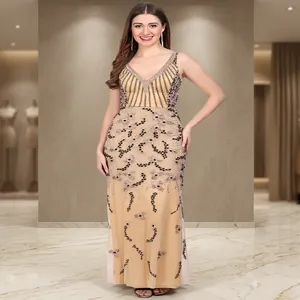 Skin Gold Evening Dress Sleeveless V Neck <b>Floor</b> <b>Length</b> Beaded Mesh Party <b>Gown</b> for Banquet Wedding - Product Image 1