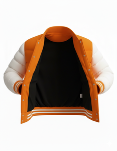 Blouson matelassé varsity orange et blanc pour homme, manteau bomber d'hiver matelassé, boutons-pression, streetwear, logo personnalisé, usine OEM ODM - Product Image 2