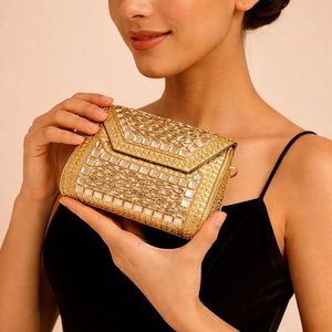 Luxury Gold Embellished Clutch <b>Bag</b> | Designer Mirror Work & Stone <b>Studded</b> Handbag with Chain Strap only for Women & Girls - Product Image 2