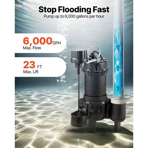 Bomba sumergible para aguas residuales/efluentes de 3/4 HP y 6000 GPH, de hierro fundido, con interruptor de flotador automático con cable y salida NPT de 2 pulgadas - Product Image 3