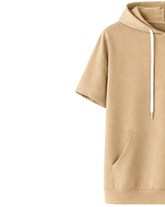 Sudadera con Capucha Beige Personalizada de Manga Corta para Hombre, Estilo Casual, Ligera, de Verano, con Bolsillos, Mezcla de Algodón - Product Image 4