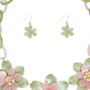 Parure Collier et Boucles d'Oreilles Fleur 3D Marbrée Rose et Verte pour Femme, Bijoux de Mode Élégants, Cadeau de Fête - Product Image 3
