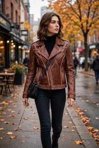 Veste en cuir marron pour femme, style moto, fermeture éclair, col rabattable, détails rivets - Product Image 2