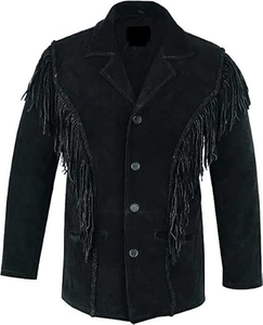 Veste en daim noir de qualité supérieure pour homme, style western vintage, avec franges et détails en cuir faits à la main, vente en gros - Product Image 1