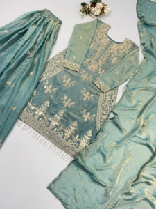 Ensemble haut, palazzo et dupatta en soie pure Fendi, broderie de perles fantaisie, entièrement cousu, avec doublure en micro-coton, tenue de fête MHI 894 - Product Image 6