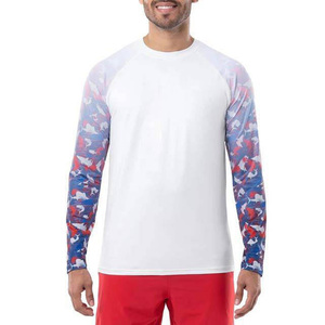Custom Sublimation Men's White Long Sleeve Fishing Shirt With Blue Red Shark Print UPF 50 Anti-Uv Protection Pullover <b>Top</b> - Product Image 1