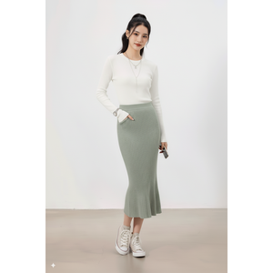 Jupe trapèze mi-longue en laine côtelée pour femme, taille haute, décontractée, silhouette moderne et élégante, extensible, fournisseur de vêtements sous marque privée - Product Image 1