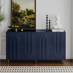 Modern Blue Lacquered 4-Door Wooden <b>Sideboard</b> Buffet Server Cabinet for <b>Storage</b> in Living Room Entryway or Hallway - Product Image 1