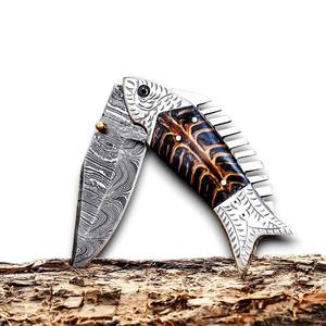 Couteau utilitaire pliant de camping en acier Damas à pointe tombante gravé à la main, haute qualité, 7,5 pouces, qualité OEM DIY, faibles MOQ - Product Image 1