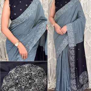 Sari de algodón puro Mul con bordado de hilo en contraste, borde calado y pallu jacquard, precio al por mayor de Royal Export - Product Image 3