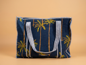 Quilted Cotton Tote <b>Bag</b> Palm <b>Tree</b> Print Zipper Shoulder Handbag for Beach Travel Shopping Daily Use - Product Image 1