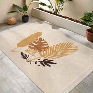 Alfombra de Poliéster Suave con Diseño de Hojas Tropicales Abstractas, Estilo Minimalista, Antideslizante, para Sala de Estar, Hecha a Mano en India - Product Image 2