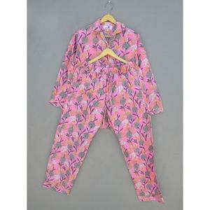 Conjunto de pijama de algodón con estampado floral para mujer hecho a mano, ropa de dormir ligera con estampado de bloques a mano, traje de verano de estilo informal, talla 5XL - Product Image 2