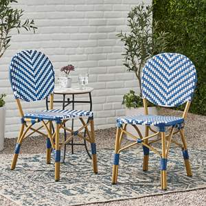 Navy Blue Bamboo Print Finish Set of 2 <b>Outdoor</b> PE Rattan and Aluminum French Armless <b>Bistro</b> <b>Chairs</b> - Product Image 3
