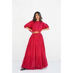 <b>White</b> Bohemian Two-<b>Piece</b> Set Puff Sleeve Crop Top And Floor-Length A-Line Skirt Natural Waist Solid Color Summer Dress For Women - Product Image 1