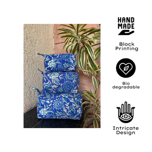 Blue Floral Quilted Cotton Cosmetic Bag Set Hand Block Print Toiletry <b>Makeup</b> Stationary Jewellery Craft <b>Storage</b> Travel Gifting - Product Image 2