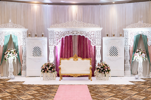 Designer Wooden Jali <b>Frames</b> Stage Setup For Reception Night Luxury Indian <b>Wedding</b> Stage With Carved Wooden Sofa Switzerland - Product Image 3