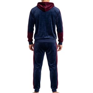 Conjunto de chándal de terciopelo para hombre, 2 piezas, con sudadera con capucha y bloques de color borgoña y azul marino, estilo urbano informal de forro polar - Product Image 2