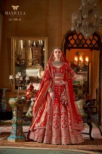 Conjunto de Lehenga Rojo para Novia, Tejido y Bordado, Poliéster/Algodón, Blusa con Cuello en V y Lehenga, Traje de Boda - Product Image 4