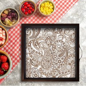 Bandejas Cuadradas de Madera con Patrón Textil Indio y Asas Metálicas para Mesa de Comedor, Hogar y Oficina, Opción para Regalo - Product Image 3