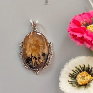 Pendentif vintage en agate dendrite tigre, en argent sterling 925 plaqué or/argent, pierre précieuse ovale bicolore pour homme et femme, idéal pour les fiançailles - Product Image 5