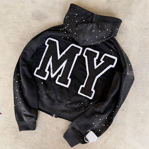 Custom Streetwear Manufacturers Oversized <b>Zip</b> <b>up</b> Hoodies Men's Applique Embroidered Letter Logo 100% Cotton Rhinestones <b>Hoodie</b> - Product Image 2