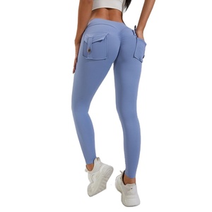 High Waist Pink <b>Leggings</b> With Pockets Full Length Stretch <b>Knitted</b> Sporty Women's <b>Leggings</b> - Product Image 1