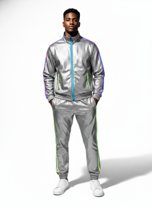Traje de sauna para hombre, traje de control corporal para pérdida de peso, con rayas plateadas neón, diseño deportivo con cremallera completa, traje deportivo con revestimiento. - Product Image 5