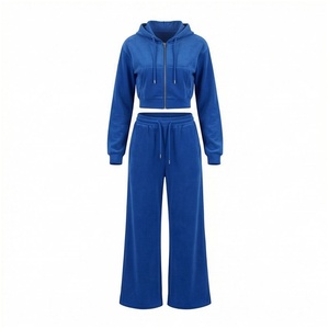 Ensemble survêtement décontracté 2 pièces pour femme : sweat à capuche bleu zippé et pantalon large, coupe ample, couleur unie, manches longues, idéal pour l'automne - Product Image 1