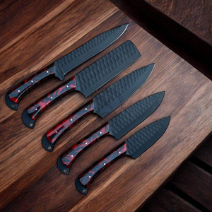 Hot Selling Custom Handmade J2 Steel Powder Coated Hammered Blade 5-Piece Durable <b>Sharp</b> Ambidextrous Kitchen Chef <b>Knives</b> <b>Set</b> - Product Image 4