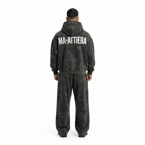 Men <b>Black</b> Green Camouflage <b>Zip</b> <b>Up</b> <b>Hoodie</b> Tracksuit Set Loose Fit Wide Leg Streetwear Custom OEM ODM Wholesale - Product Image 2