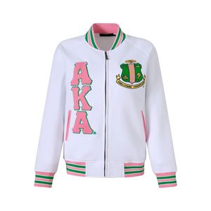 AKA White Fleece Letterman <b>Jacket</b> <b>Pink</b> Green Trim Varsity Style Unisex Warm Outerwear Fashion <b>Jacket</b> Apparel Collection - Product Image 1