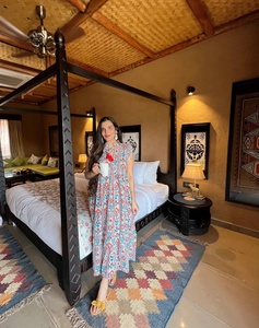 Pur coton sans manches Maxi robe indien bloc imprimé respirant élégant pour vêtements de jour décontractés couleurs terreuses décolleté licou - Product Image 4