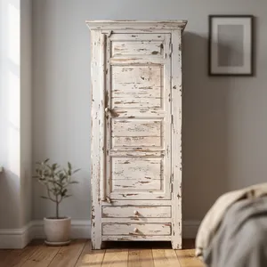 Mueble de Almacenamiento de Madera Blanca Envejecida Estilo Rústico, Armario de Una Puerta y Dos Cajones para Dormitorio - Product Image 1