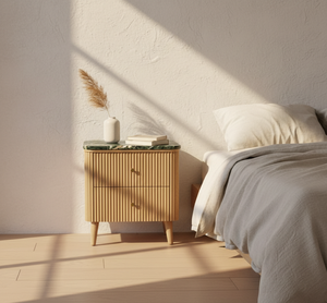 Mesa de Comedor con 2 Cajones, Madera de Acacia, MDF, Chapa de Roble, Tapa de Mármol, Diseño Dinámico, Ecológica, Puerta con Persiana, para Espacios de Comedor y Sala de Estar, Moderna - Product Image 2