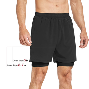 Double <b>Layer</b> Eco Friendly Front Logo Gym Fitness Shorts For Men's Black Color Quick Dry Outdoor Sport Jogging Running Shorts - Product Image 2