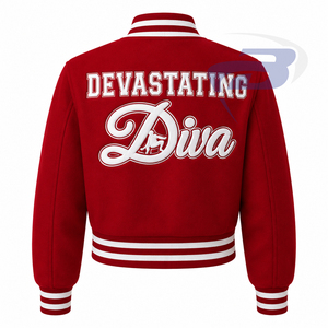 Delta |   Sigma |   Chaqueta Universitaria para Mujer de la Hermandad Theta, Roja y Blanca, con Logotipo Bordado 'Devastating Diva' 1913, Chaqueta Bomber con Cierre Frontal - Product Image 2