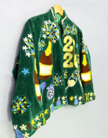 Blouson Bomber en Velours Vert, Broderie Épaisse, Tissé Uni, Fermeture Éclair, Col Montant, Vêtement d'Hiver, 100% Polyester, 1000g