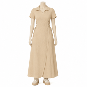 Vestido maxi beige texturizado con cuello camisero y cordones laterales para mujer |   Vestido Largo Casual Elegante de Verano para Oficina con Mangas Cortas y Cintura Ajustada - Product Image 1