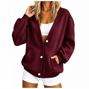 Cárdigan de Punto Ecológico para Mujer, Color Rosa y Blanco, 100% Poliéster, Hombros Descubiertos, Manga Larga, Cierre de Botones, Suéter de Invierno - Product Image 2