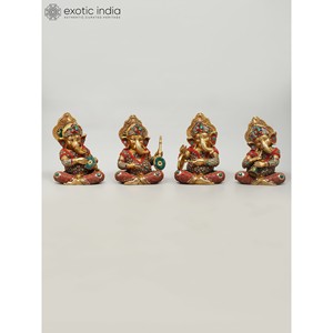 Juego de cuatro estatuas de latón Ganesha musicales de 12 "Esculturas de trabajo con incrustaciones de diseño intrincado - Product Image 3